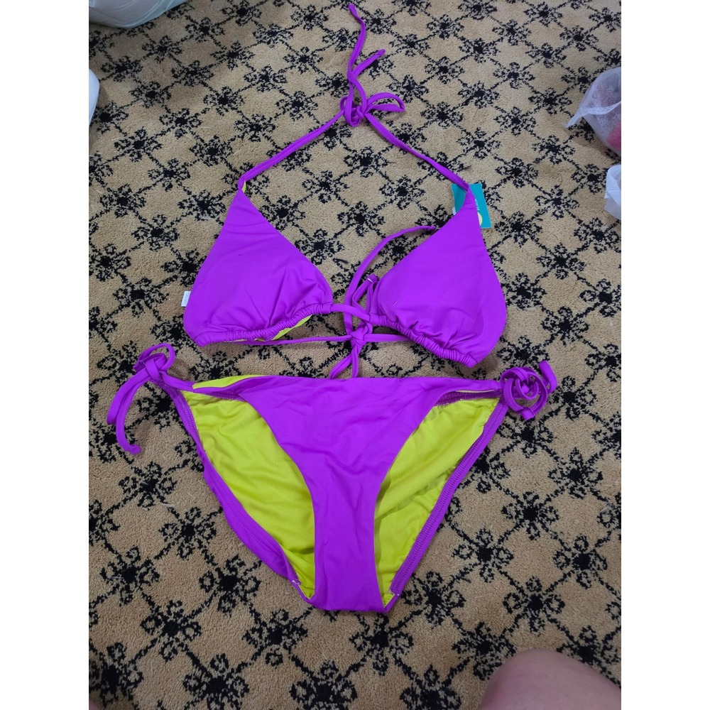 Echo Design Beach Purple Lime Green Triangle Bikini Set UPF 50+ NWT Medium